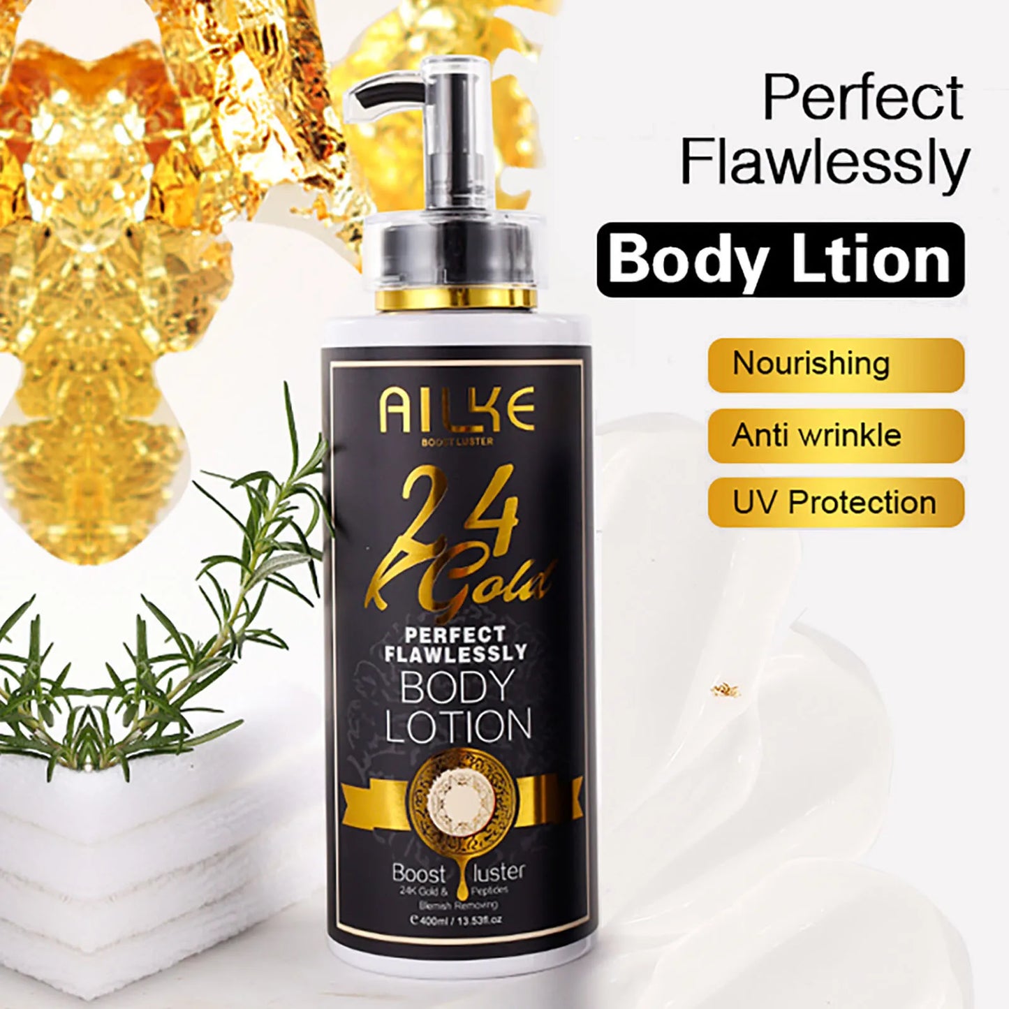 AILKE 24k Gold Flawlessly Whitening Skin Care Set For All Skin Type, Moisturizer, Reduce Black Spots, Smoothing, Brightening