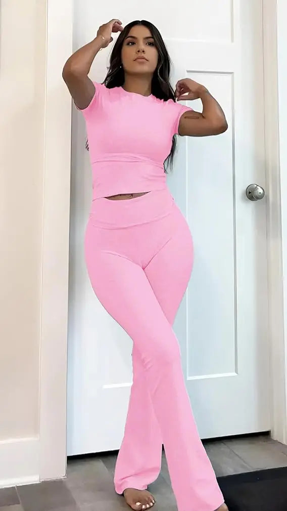 Women's Two Piece Yoga Set With Short Sleeve Flared Pants