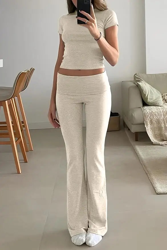 Women's Two Piece Yoga Set With Short Sleeve Flared Pants