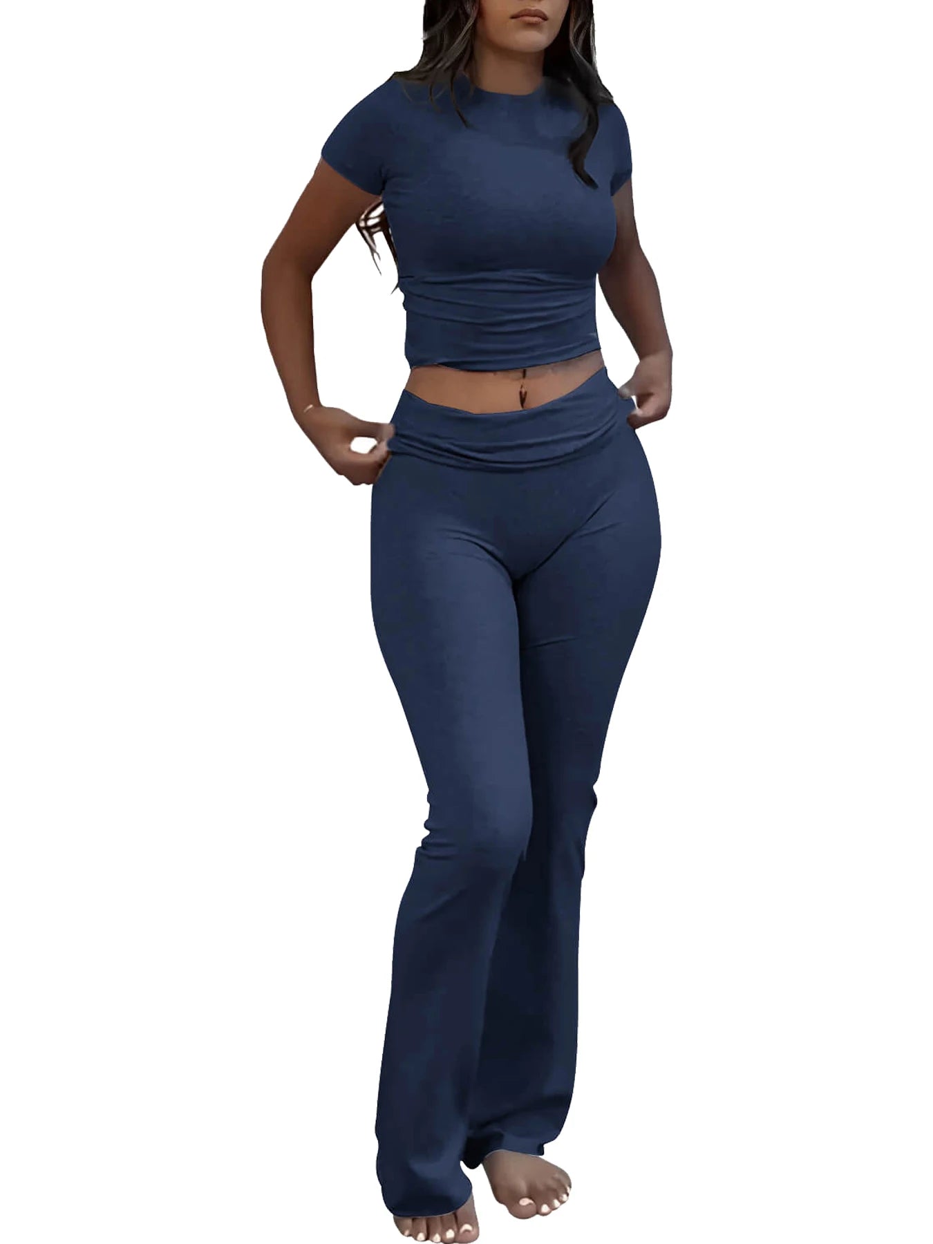 Women's Two Piece Yoga Set With Short Sleeve Flared Pants