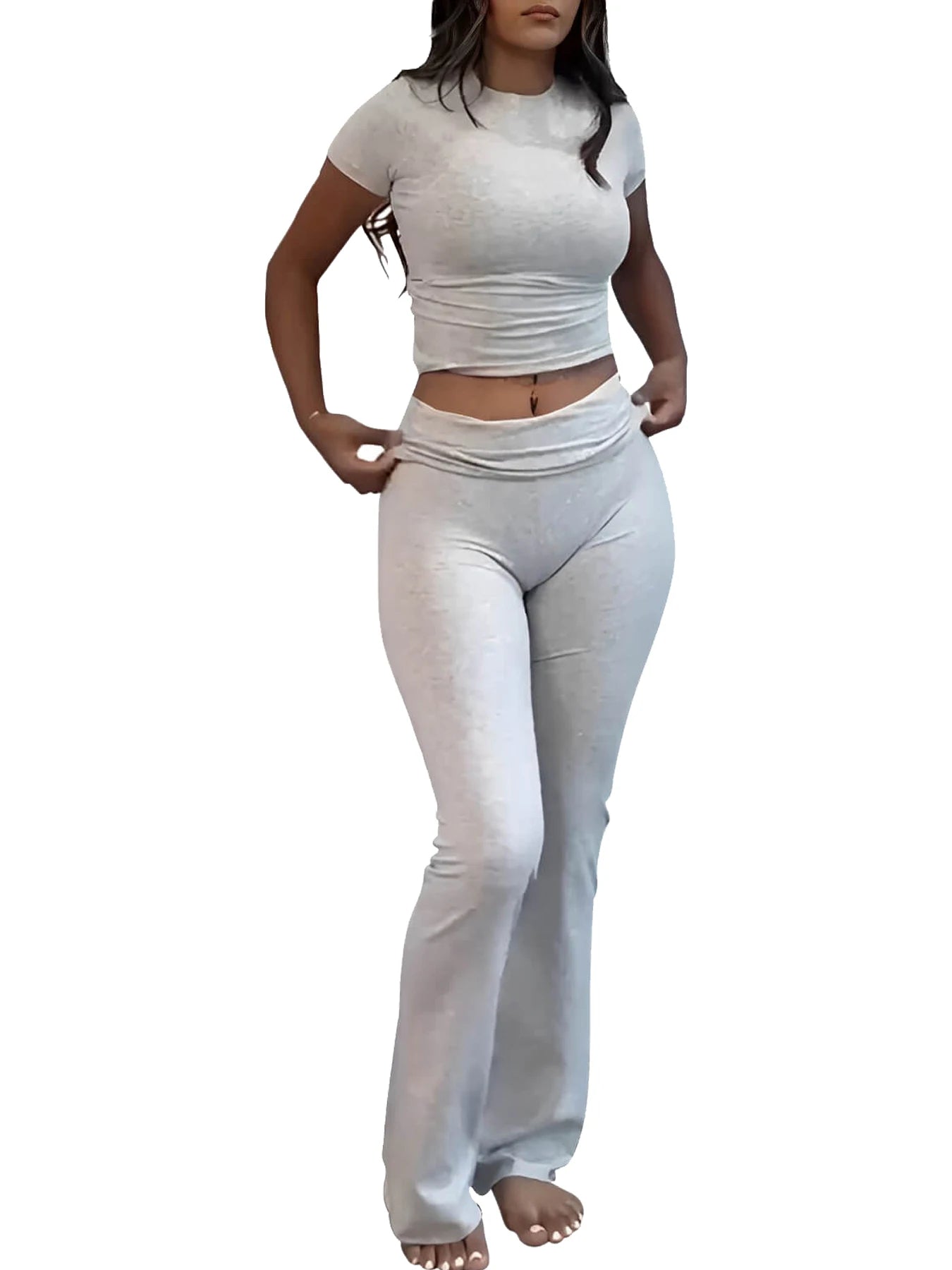 Women's Two Piece Yoga Set With Short Sleeve Flared Pants