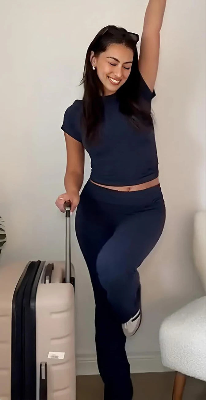 Women's Two Piece Yoga Set With Short Sleeve Flared Pants