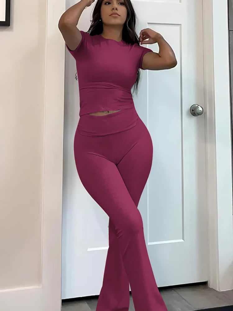 Women's Two Piece Yoga Set With Short Sleeve Flared Pants